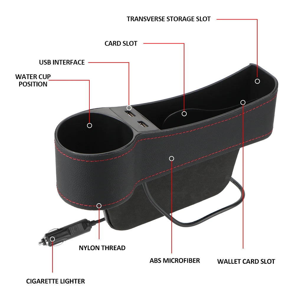 Boîte de rangement universelle pour siège – avec USB 3.0, support téléphone et porte-gobelet