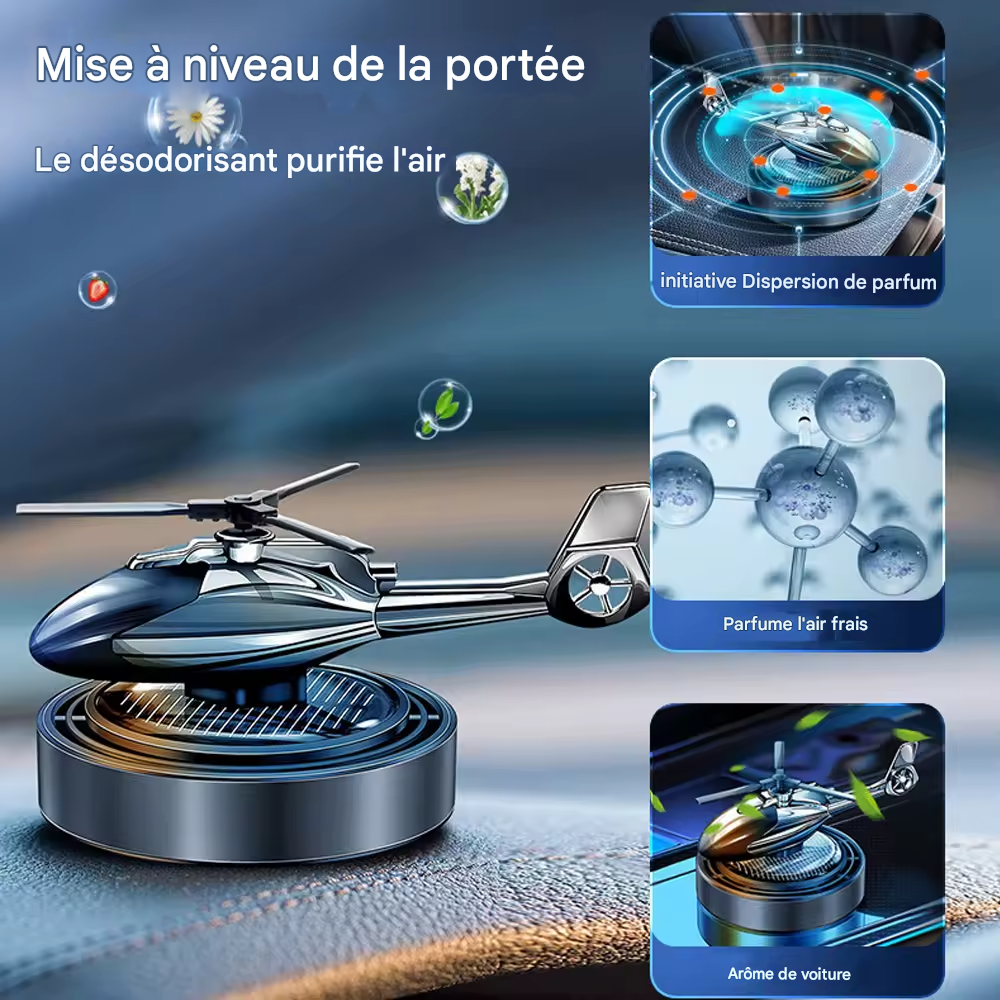 Désodorisant de Voiture Hélicoptère Solaire – Diffuseur de Parfum Rotatif avec Hélice | Accessoire de Décoration Intérieure Auto | Parfum Longue Durée