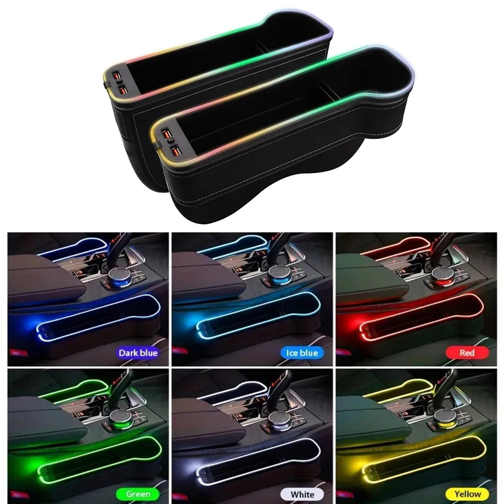 Organisateur de Fente de Siège avec Porte-Gobelet LED – Boîte de Rangement avec Changement de Couleur, Double USB et Lumière d’Ambiance