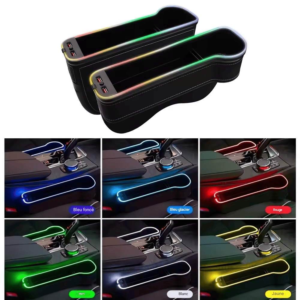 🏷️Organisateur de Fente de Siège avec Porte-Gobelet LED – Boîte de Rangement avec Changement de Couleur, Double USB et Lumière d’Ambiance