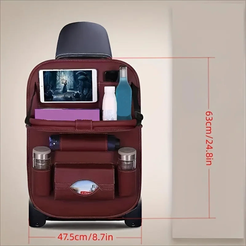 🏷️Organisateur de Siège Arrière Deluxe – Table Pliante, Tapis Anti-Coup, Boîte à Mouchoirs et Plus – Cuir PU