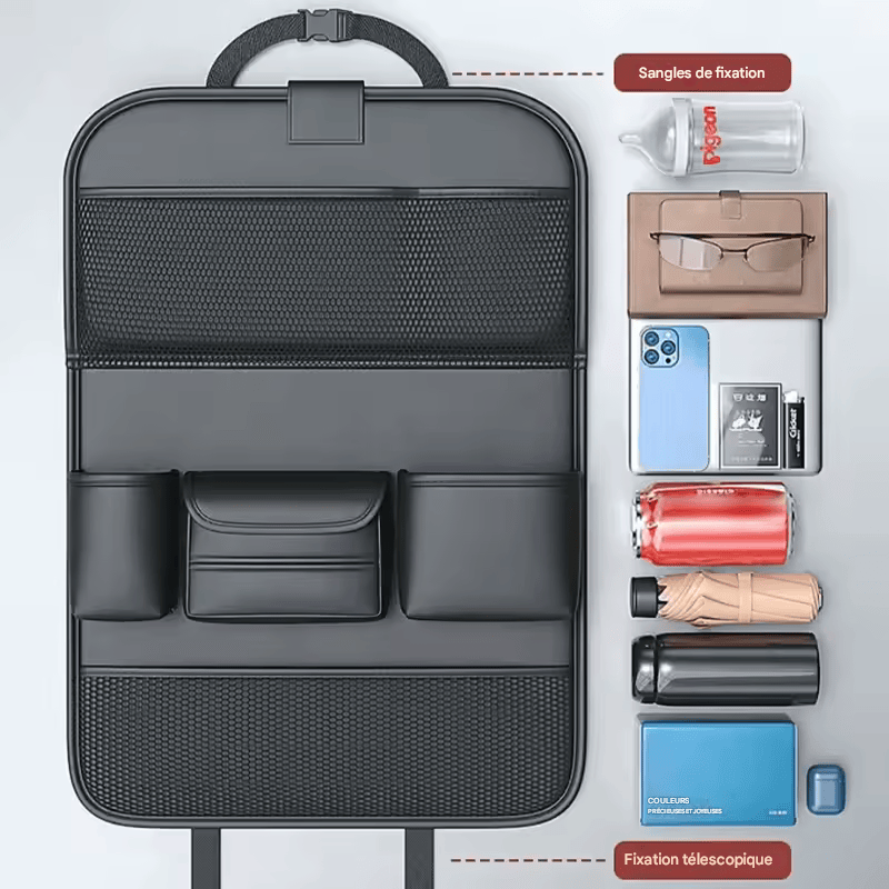 🏷️SEAMETAL Sac de Rangement pour Dossier de Siège Auto – Cuir PU Imperméable, Tablette Pliable, Grande Capacité