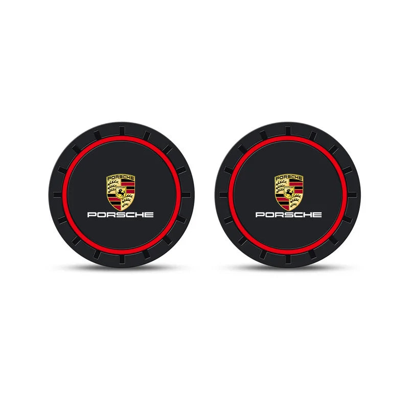2pcs Car Coasters Pads Water Cup Slots Non-Slip Mat For Porsche Panamera Cayenne Taycan 911 718 Macan Carrera-GT 928 944 968 944