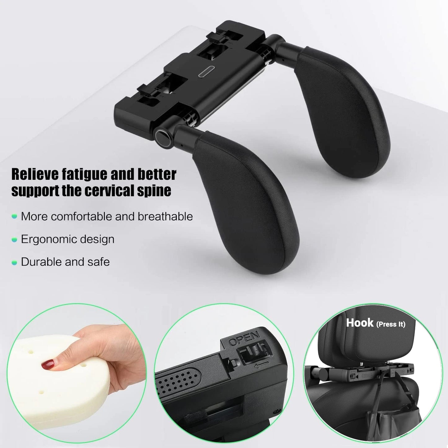 Universal 360° Adjustable Auto Cervical Pillow with Memory Foam & Side Pads Ergonomic One-Click Sleep Headrest for BMW Benz Car