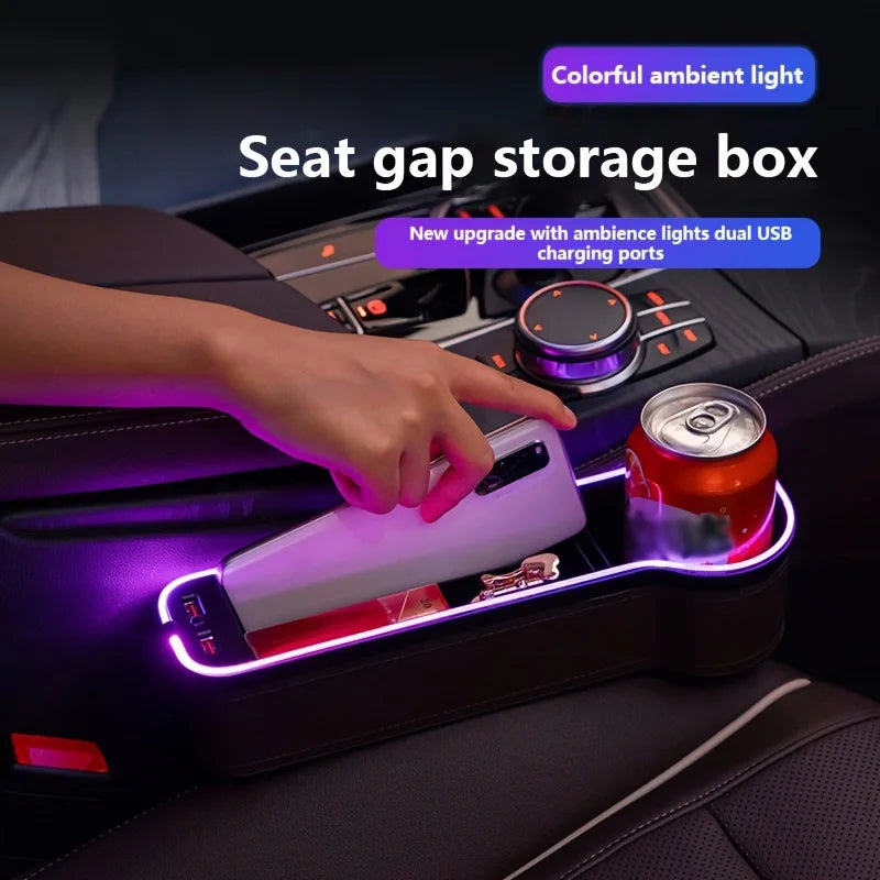 Organisateur de Fente de Siège avec Porte-Gobelet LED – Boîte de Rangement avec Changement de Couleur, Double USB et Lumière d’Ambiance