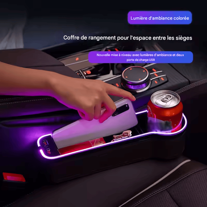 🏷️Organisateur de Fente de Siège avec Porte-Gobelet LED – Boîte de Rangement avec Changement de Couleur, Double USB et Lumière d’Ambiance