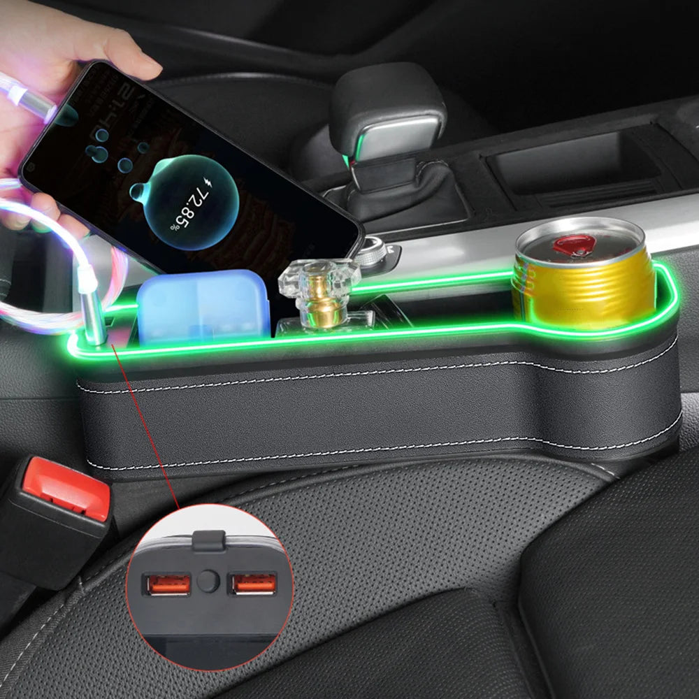 Organiseur de siège à fente pour véhicule, porte-cartes, téléphone, bouteille, gobelet, boîte de rangement pour voiture avec 2 chargeurs USB, LED colorée pour espace de siège