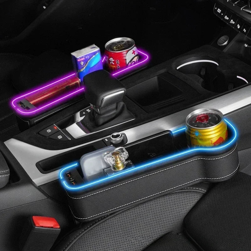 🏷️Boîte de Rangement pour Siège Auto avec Charge Rapide USB et Éclairage RGB 7 Couleurs – Organiseur Multifonction en Similicuir