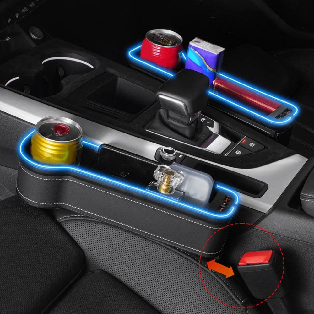 Organiseur de siège à fente pour véhicule, porte-cartes, téléphone, bouteille, gobelet, boîte de rangement pour voiture avec 2 chargeurs USB, LED colorée pour espace de siège
