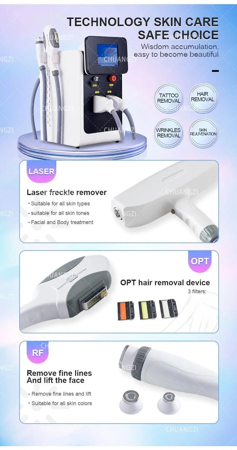 3in1 Ipl Laser Professional hair removal Machines OPT Pico nd yag Q-Switch Laser epilator Spot wrinkle remove red blood Machine