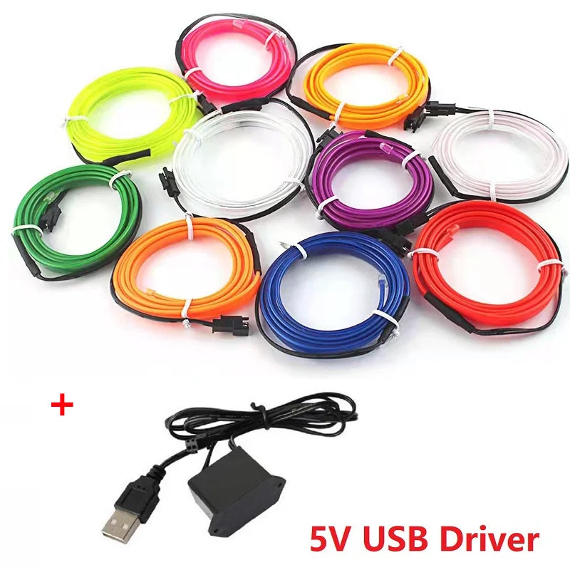 Hot Sale 1M/2M/3M/5M Car Interior Lighting LED Strip Decoration Garland Wire Rope Tube Line flexible Neon Light USB Cigar Drive