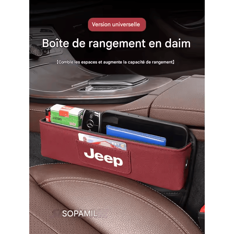 Organisateur Multifonction en Suédine pour Fente de Siège – Compatible Jeep Wrangler, Grand Cherokee, Renegade, Compass, Gladiator, Patriot, Commander