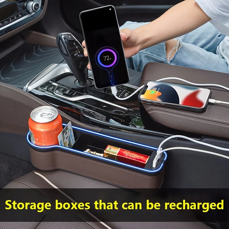 Organisateur de Fente de Siège avec Porte-Gobelet LED – Boîte de Rangement avec Changement de Couleur, Double USB et Lumière d’Ambiance