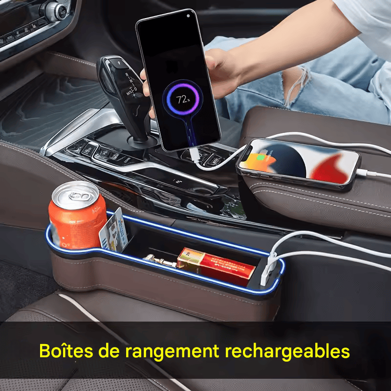 🏷️Organisateur de Fente de Siège avec Porte-Gobelet LED – Boîte de Rangement avec Changement de Couleur, Double USB et Lumière d’Ambiance