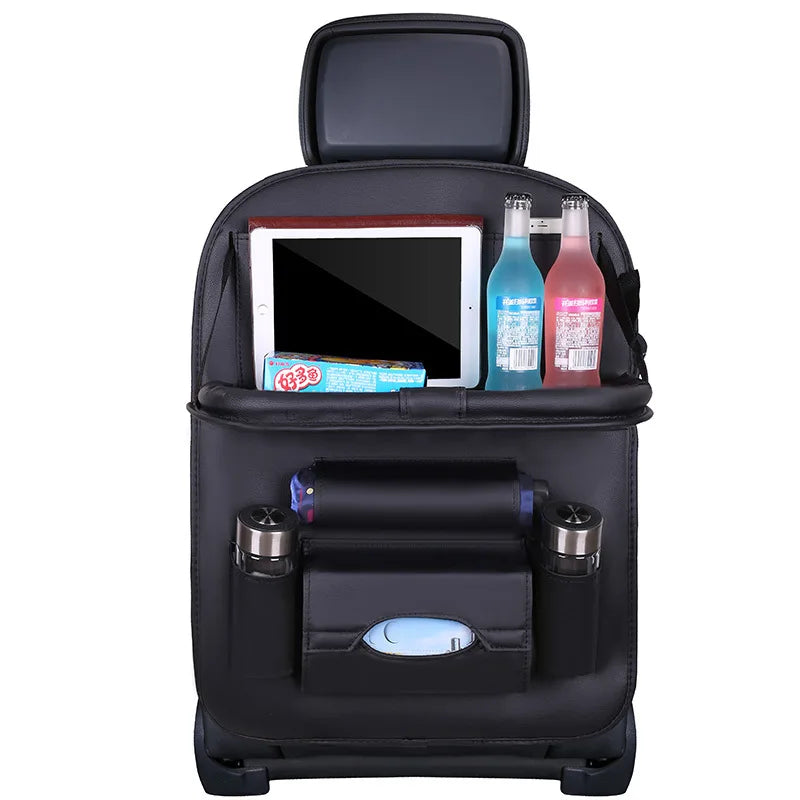 🏷️Organisateur de Siège Arrière Deluxe – Table Pliante, Tapis Anti-Coup, Boîte à Mouchoirs et Plus – Cuir PU