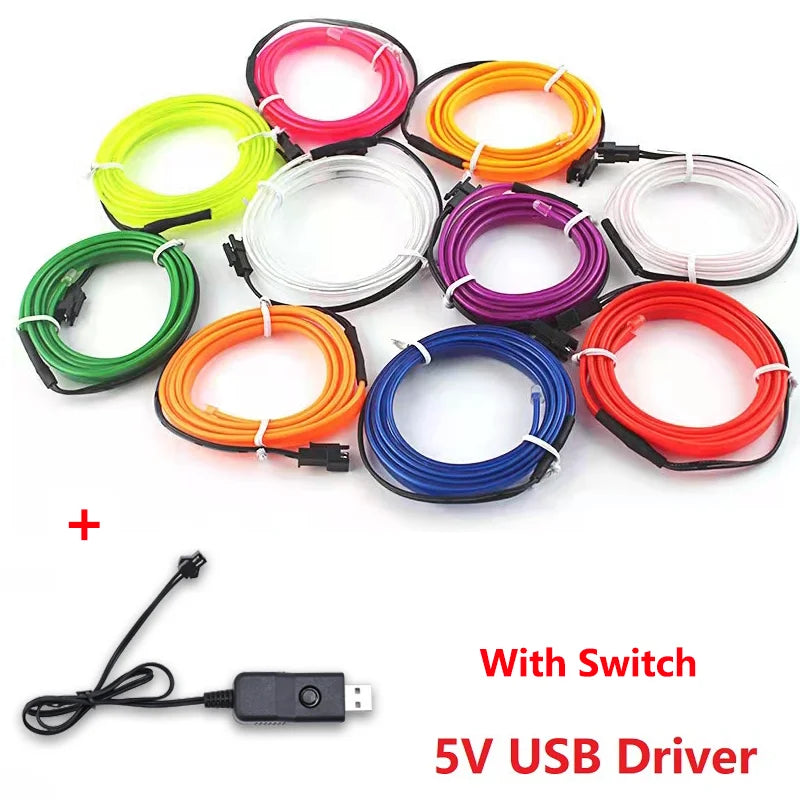 Hot Sale 1M/2M/3M/5M Car Interior Lighting LED Strip Decoration Garland Wire Rope Tube Line flexible Neon Light USB Cigar Drive