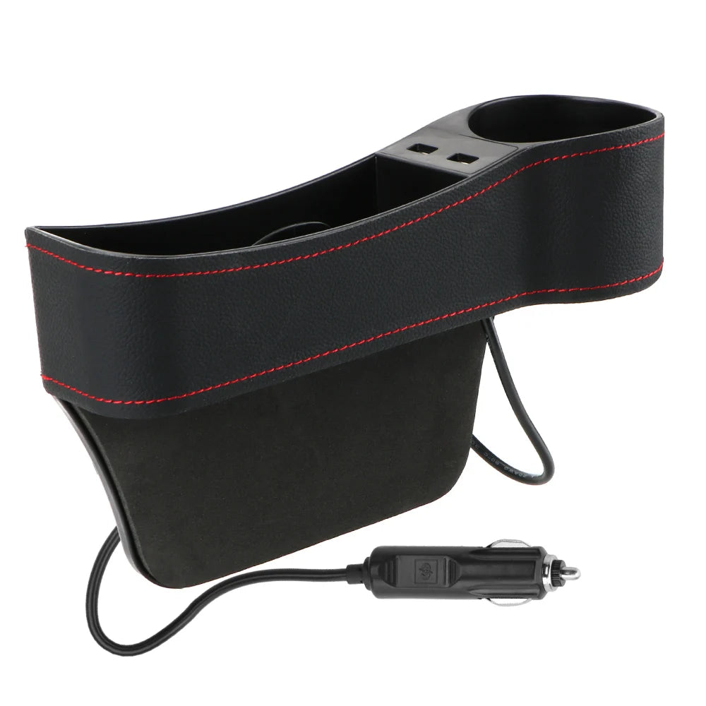 Boîte de rangement en cuir avec chargeur USB – pour fente de siège, téléphone, bouteilles et gobelets