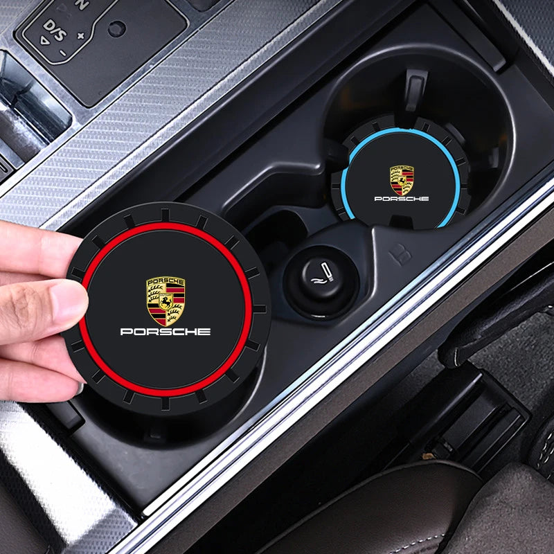 2pcs Car Coasters Pads Water Cup Slots Non-Slip Mat For Porsche Panamera Cayenne Taycan 911 718 Macan Carrera-GT 928 944 968 944