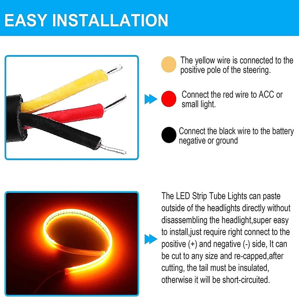 2pcs 24V LED DRL Car Daytime Running Light Flexible Waterproof Strip Auto Headlights White Turn Signal Yellow Brake Flow Lights