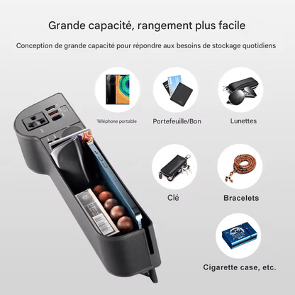 🏷️Organiseur de siège SEAMETAL avec prise 220V intégrée, 4 ports USB à charge rapide QC3.0 – Idéal pour garder votre voiture rangée et vos appareils chargés.