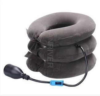 Cervical spine retractor with orthotic inflatable neck support for tension fixation of the rigid vertebra