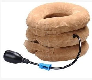 Cervical spine retractor with orthotic inflatable neck support for tension fixation of the rigid vertebra