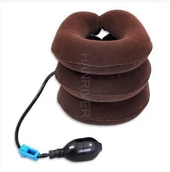 Cervical spine retractor with orthotic inflatable neck support for tension fixation of the rigid vertebra