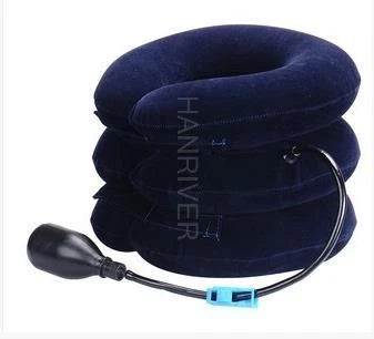 Cervical spine retractor with orthotic inflatable neck support for tension fixation of the rigid vertebra