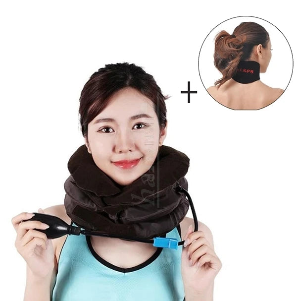 Cervical spine retractor with orthotic inflatable neck support for tension fixation of the rigid vertebra