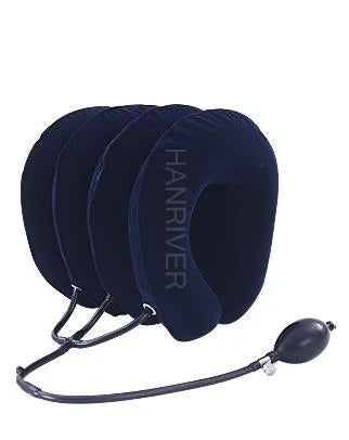 Cervical spine retractor with orthotic inflatable neck support for tension fixation of the rigid vertebra