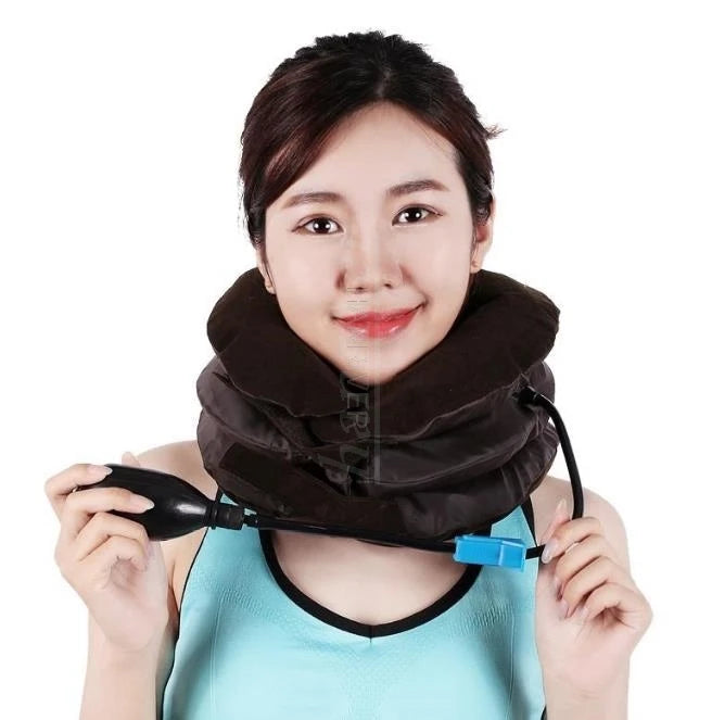 Cervical spine retractor with orthotic inflatable neck support for tension fixation of the rigid vertebra