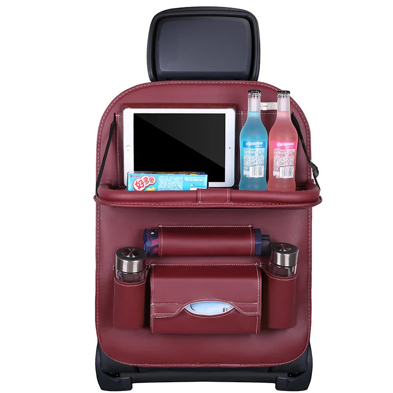 🏷️Organisateur de Siège Arrière Deluxe – Table Pliante, Tapis Anti-Coup, Boîte à Mouchoirs et Plus – Cuir PU