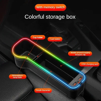 🏷️Boîte de Rangement pour Siège Auto avec Charge Rapide USB et Éclairage RGB 7 Couleurs – Organiseur Multifonction en Similicuir