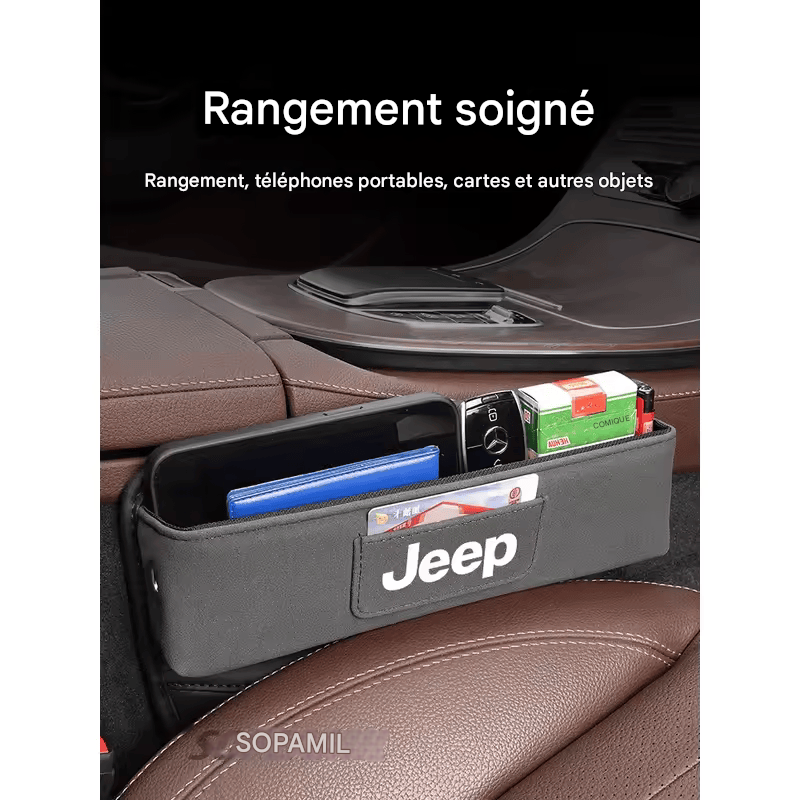 Organisateur Multifonction en Suédine pour Fente de Siège – Compatible Jeep Wrangler, Grand Cherokee, Renegade, Compass, Gladiator, Patriot, Commander