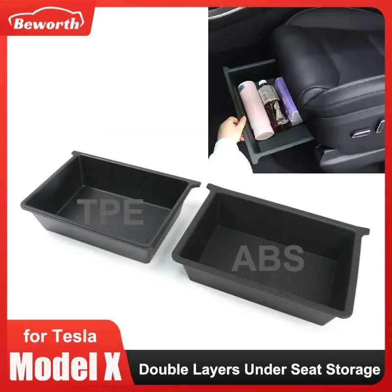 For Tesla Model X 2023 Under Seat Storage Box Case Organizer TPE + ABS Dual Layers Underseat Drawer Tray Interior Accessories