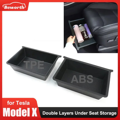 For Tesla Model X 2023 Under Seat Storage Box Case Organizer TPE + ABS Dual Layers Underseat Drawer Tray Interior Accessories
