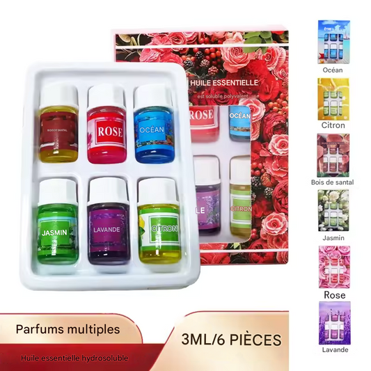 Coffret 6 Huiles Essentielles – Parfums Solubles dans l’Eau – Pour Diffuseur, Humidificateur, Parfum Voiture ou Recharge Désodorisant