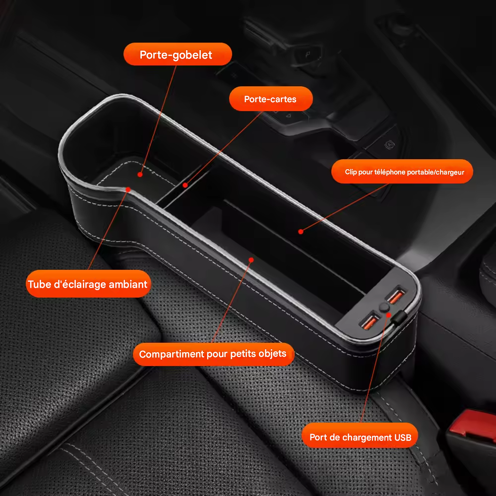 Organiseur de siège à fente pour véhicule, porte-cartes, téléphone, bouteille, gobelet, boîte de rangement pour voiture avec 2 chargeurs USB, LED colorée pour espace de siège
