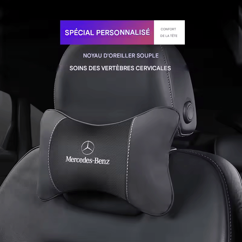 🏷️1 Coussin Repose-Tête Voiture avec Logo – Compatible Mercedes-Benz AMG & Smart – Cuir + Mousse mémoire – 28x18cm