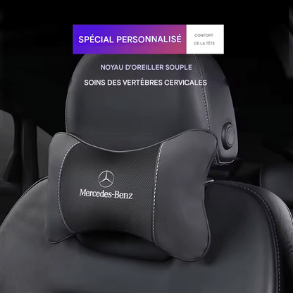 🏷️1 Coussin Repose-Tête Voiture avec Logo – Compatible Mercedes-Benz AMG & Smart – Cuir + Mousse mémoire – 28x18cm