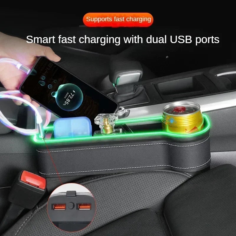 🏷️Boîte de Rangement pour Siège Auto avec Charge Rapide USB et Éclairage RGB 7 Couleurs – Organiseur Multifonction en Similicuir
