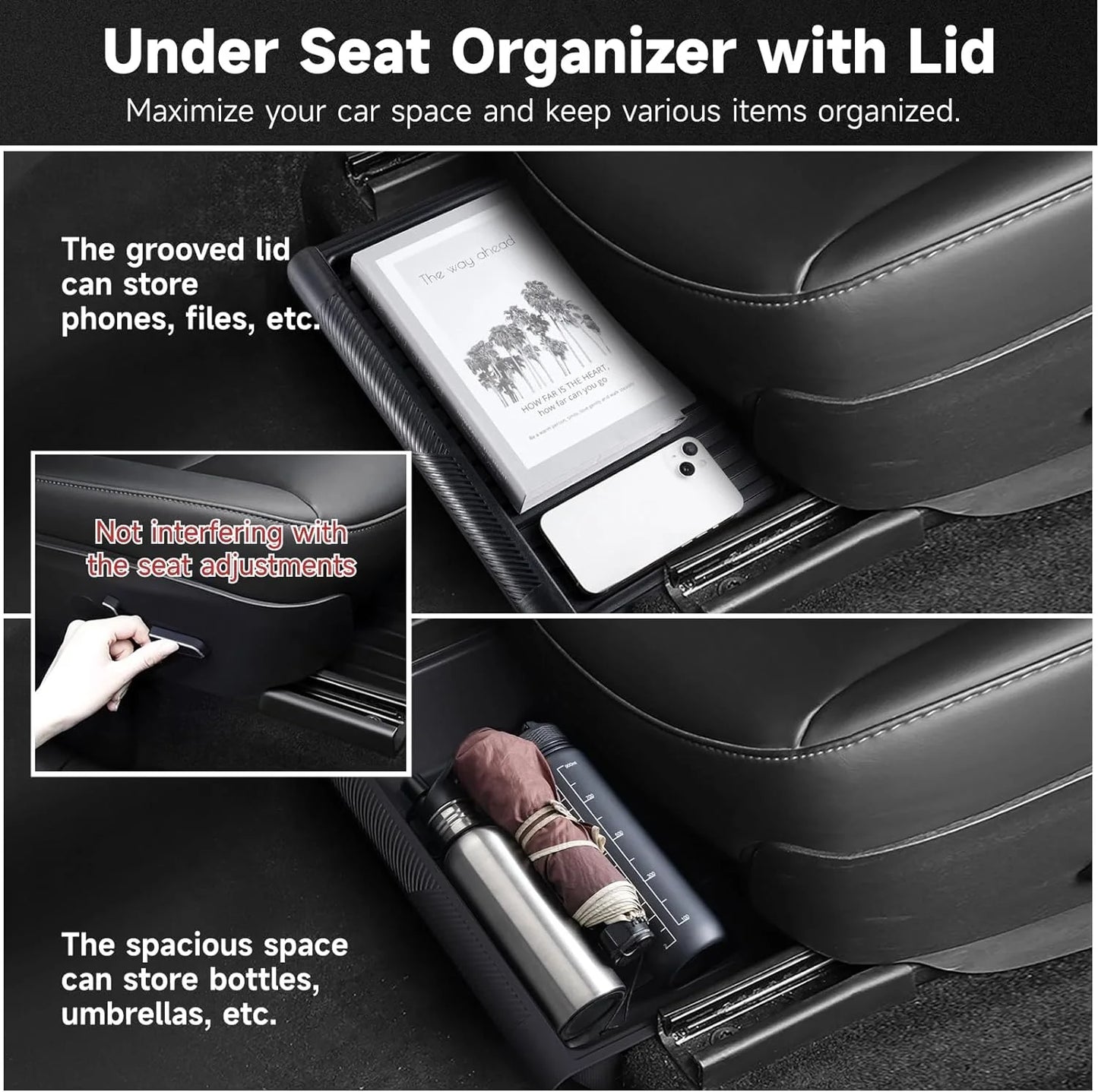 Under Seat Storage Tray for Tesla Model Y 2021 2022 2023 2024, Car Front Seat Hidden Drawer Bins Non Slip with Lid Cover