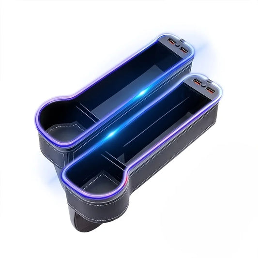 Organisateur de Fente de Siège avec Porte-Gobelet LED – Boîte de Rangement avec Changement de Couleur, Double USB et Lumière d’Ambiance