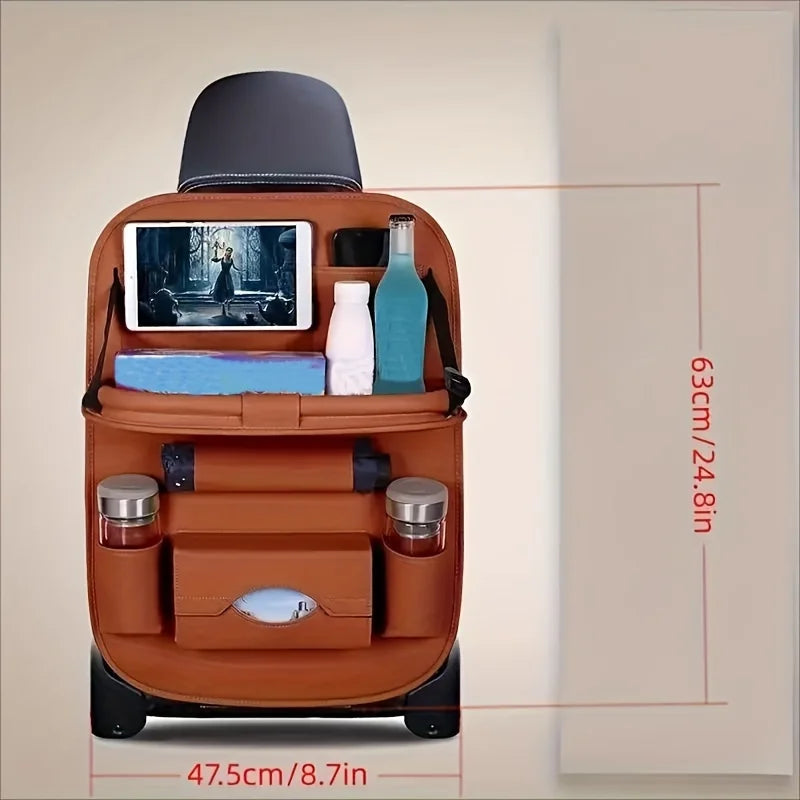 🏷️Organisateur de Siège Arrière Deluxe – Table Pliante, Tapis Anti-Coup, Boîte à Mouchoirs et Plus – Cuir PU