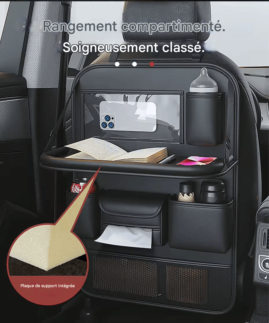 🏷️SEAMETAL Sac de Rangement pour Dossier de Siège Auto – Cuir PU Imperméable, Tablette Pliable, Grande Capacité