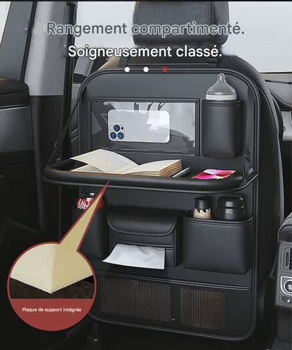 🏷️SEAMETAL Sac de Rangement pour Dossier de Siège Auto – Cuir PU Imperméable, Tablette Pliable, Grande Capacité