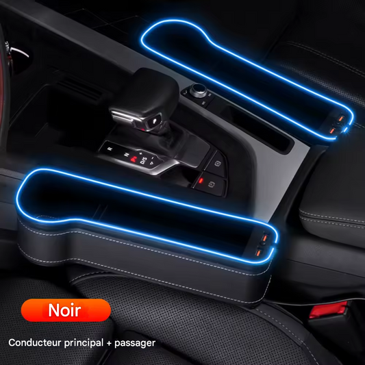 Organiseur de siège à fente pour véhicule, porte-cartes, téléphone, bouteille, gobelet, boîte de rangement pour voiture avec 2 chargeurs USB, LED colorée pour espace de siège