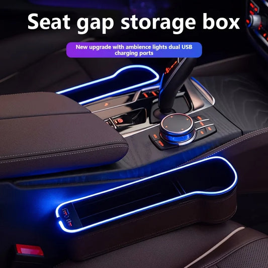 2-In-1 Car Seat Gap Organizer With Dual Usb Chargers&Colorful Ambient Lighting - Pu Leather Storage Box For Phones  Accessories