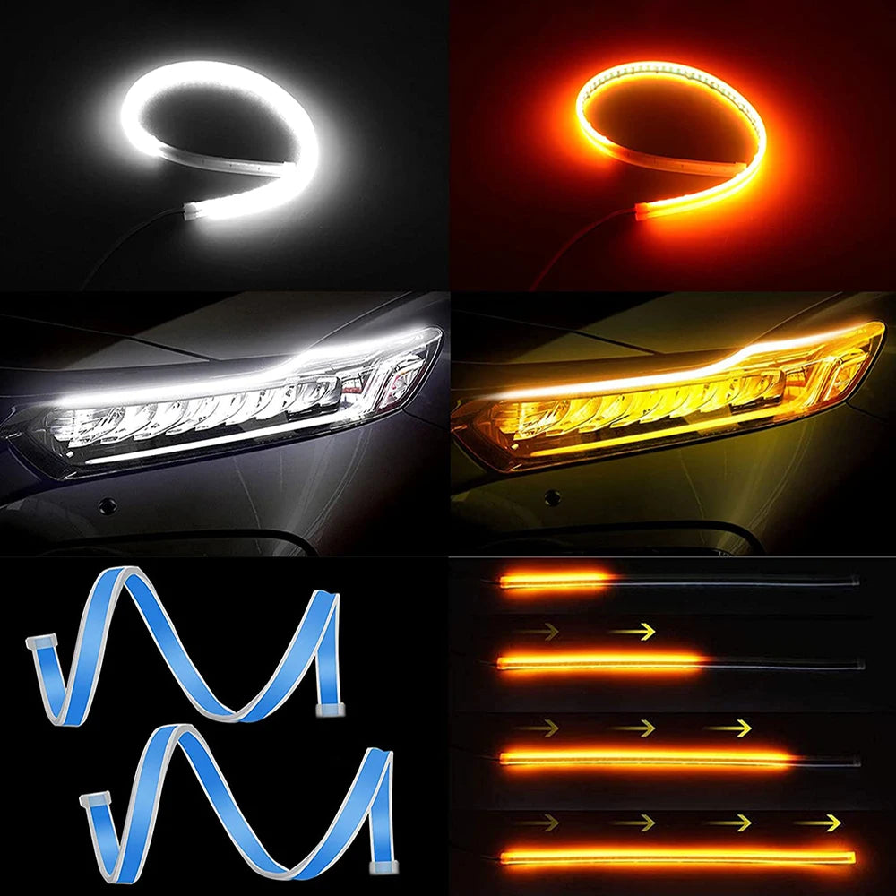 2pcs 24V LED DRL Car Daytime Running Light Flexible Waterproof Strip Auto Headlights White Turn Signal Yellow Brake Flow Lights