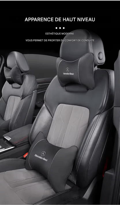 🏷️1 Coussin Repose-Tête Voiture avec Logo – Compatible Mercedes-Benz AMG & Smart – Cuir + Mousse mémoire – 28x18cm
